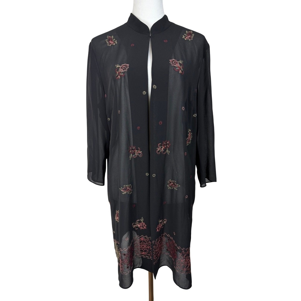 Studio I Womens Black Sheer Embroidered Duster Cardigan Mandarin Collar Size 12